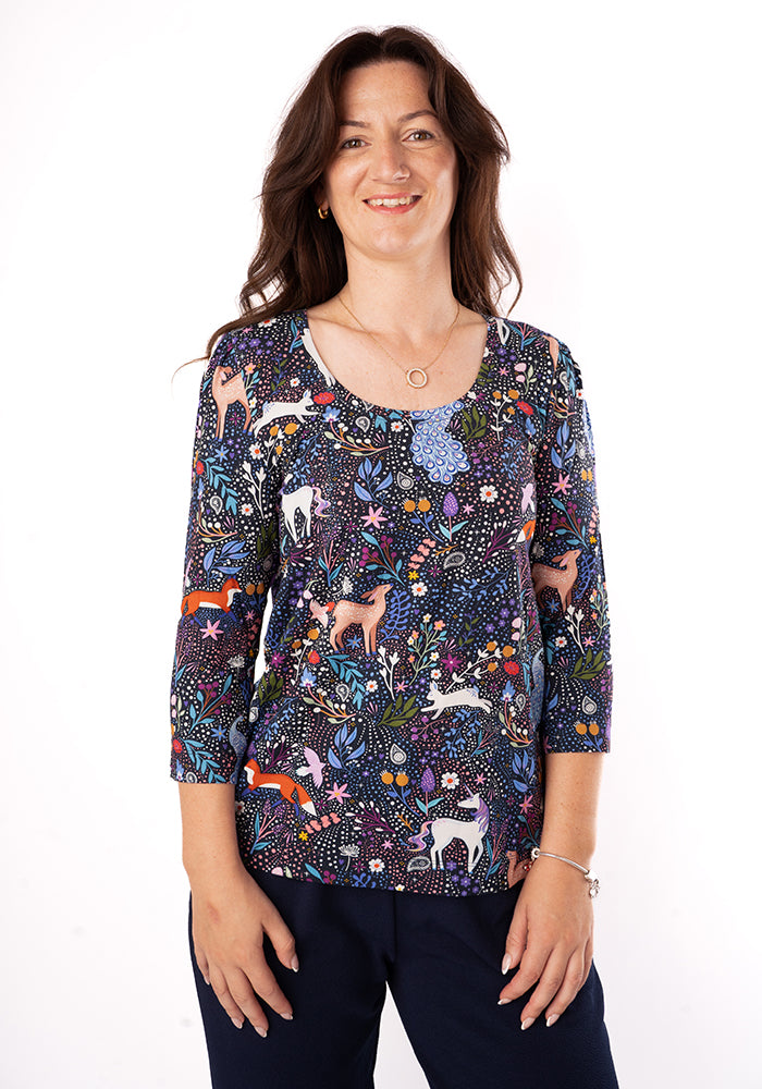 Makena Magical Woodland Print Round Neck Viscose Top