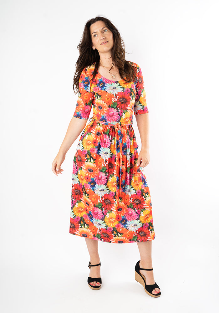 Ollina Cat Bouquet Print Midi Dress