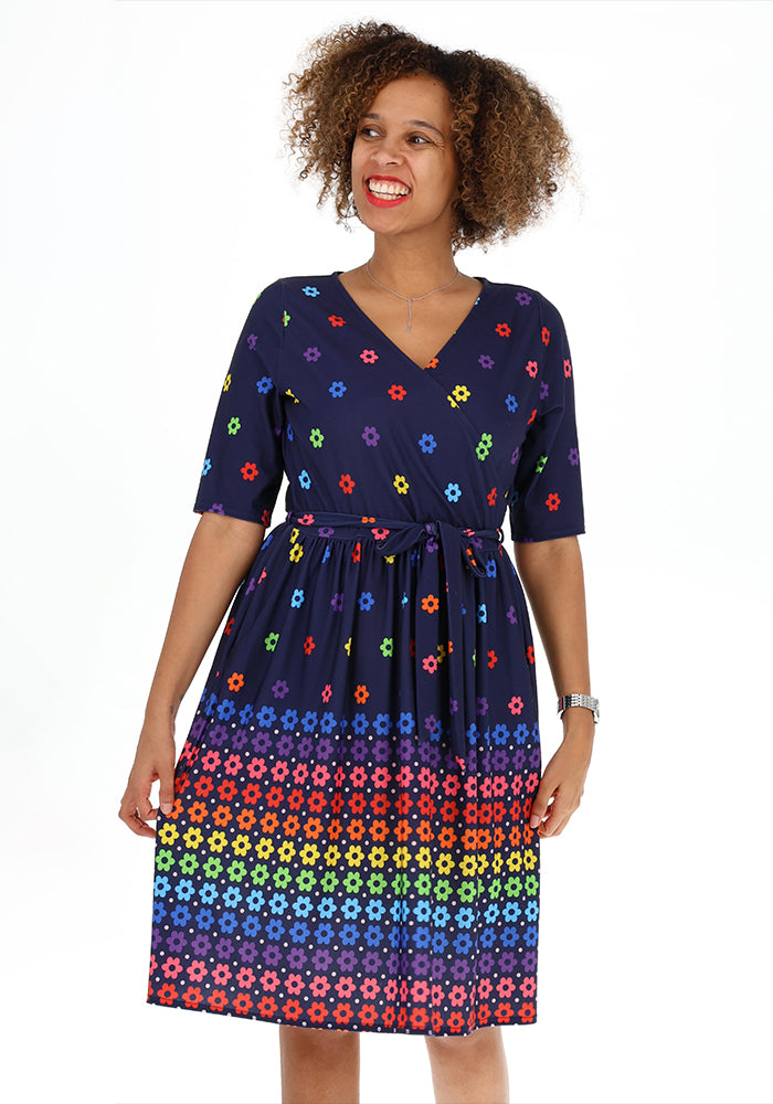 Maybel Retro Flower Border Print Jersey Dress