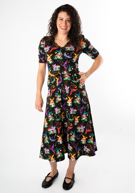 Elysia Dragons & Mushroom Print Cotton Midi Dress